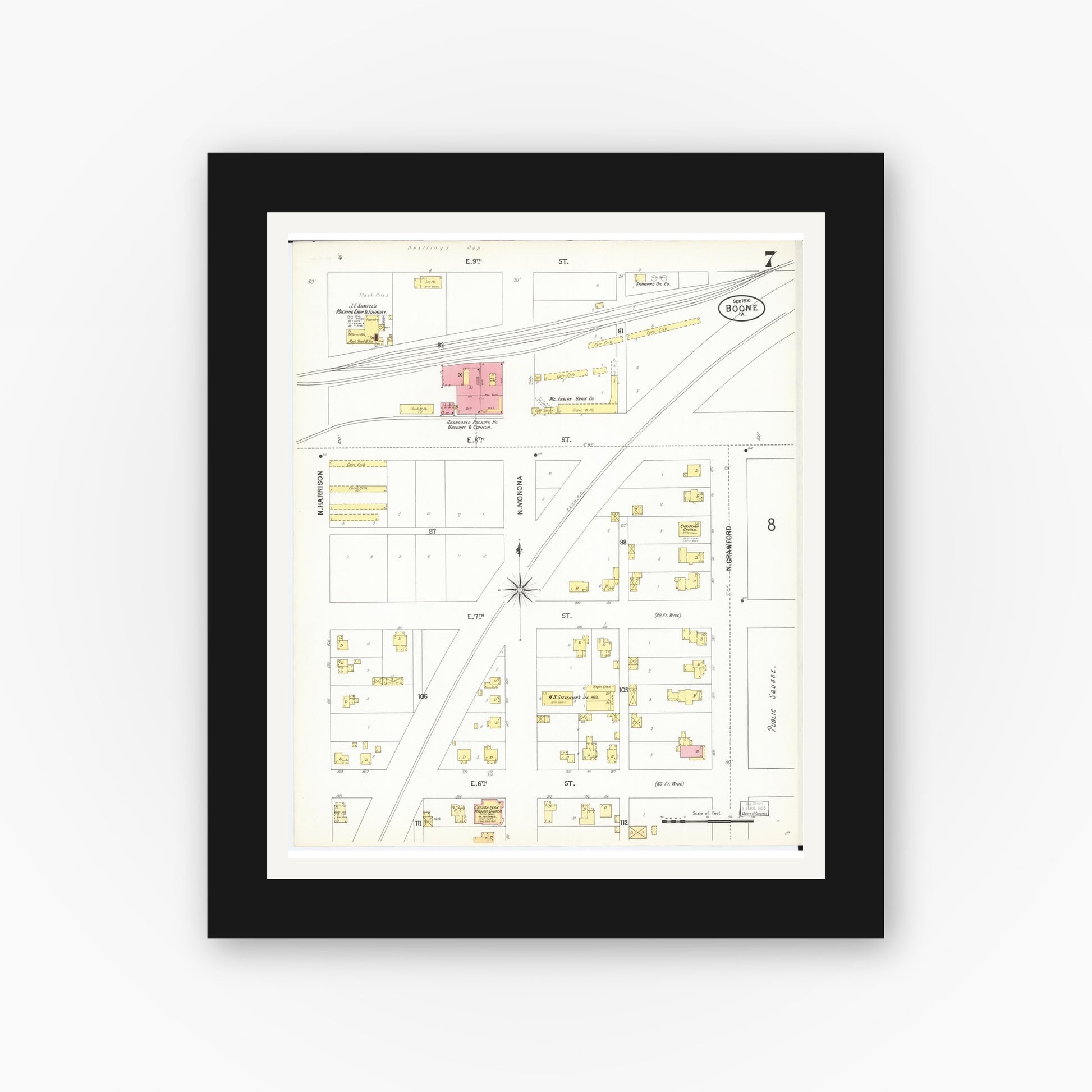 Old map wall art mockup — black gallery frame with white mat — Sanborn Fire Insurance Map from Boone, Boone County, Iowa (1900), Sheet #0007