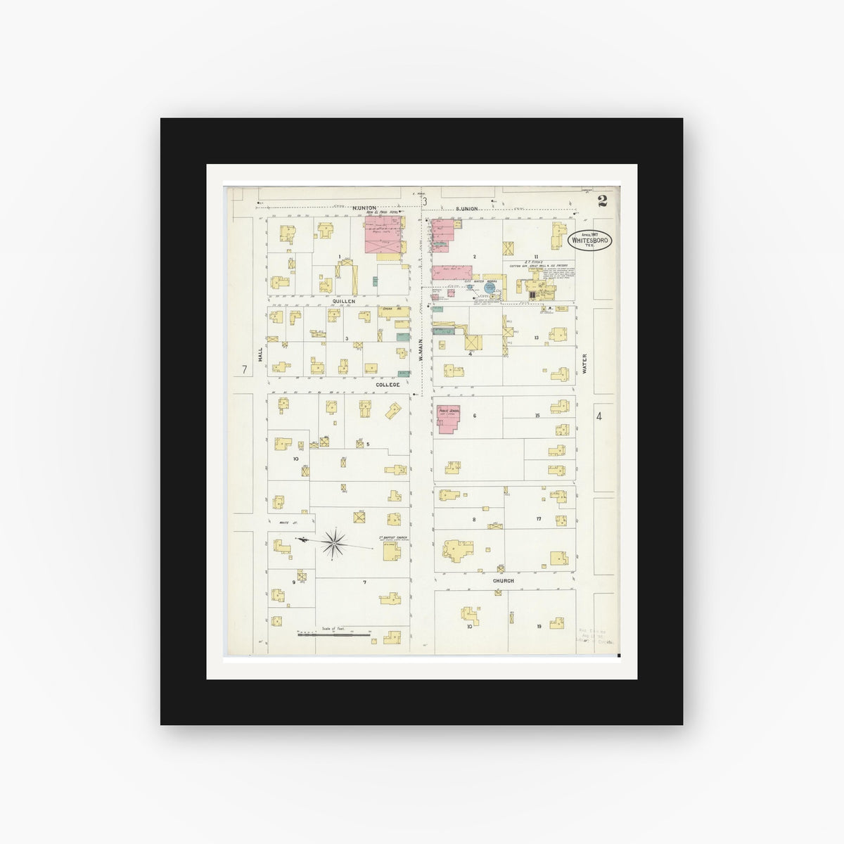 Old map wall art mockup — black gallery frame with white mat — Sanborn Fire Insurance Map from Whitesboro, Grayson County, Texas (1907), Sheet #0002