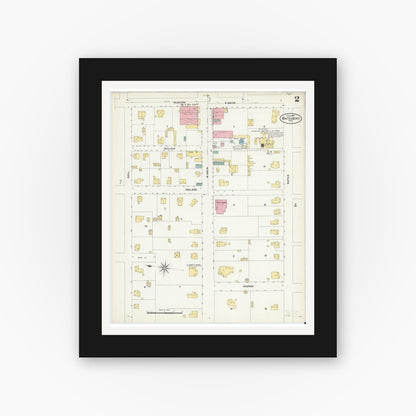 Old map wall art mockup — black gallery frame with white mat — Sanborn Fire Insurance Map from Whitesboro, Grayson County, Texas (1907), Sheet #0002