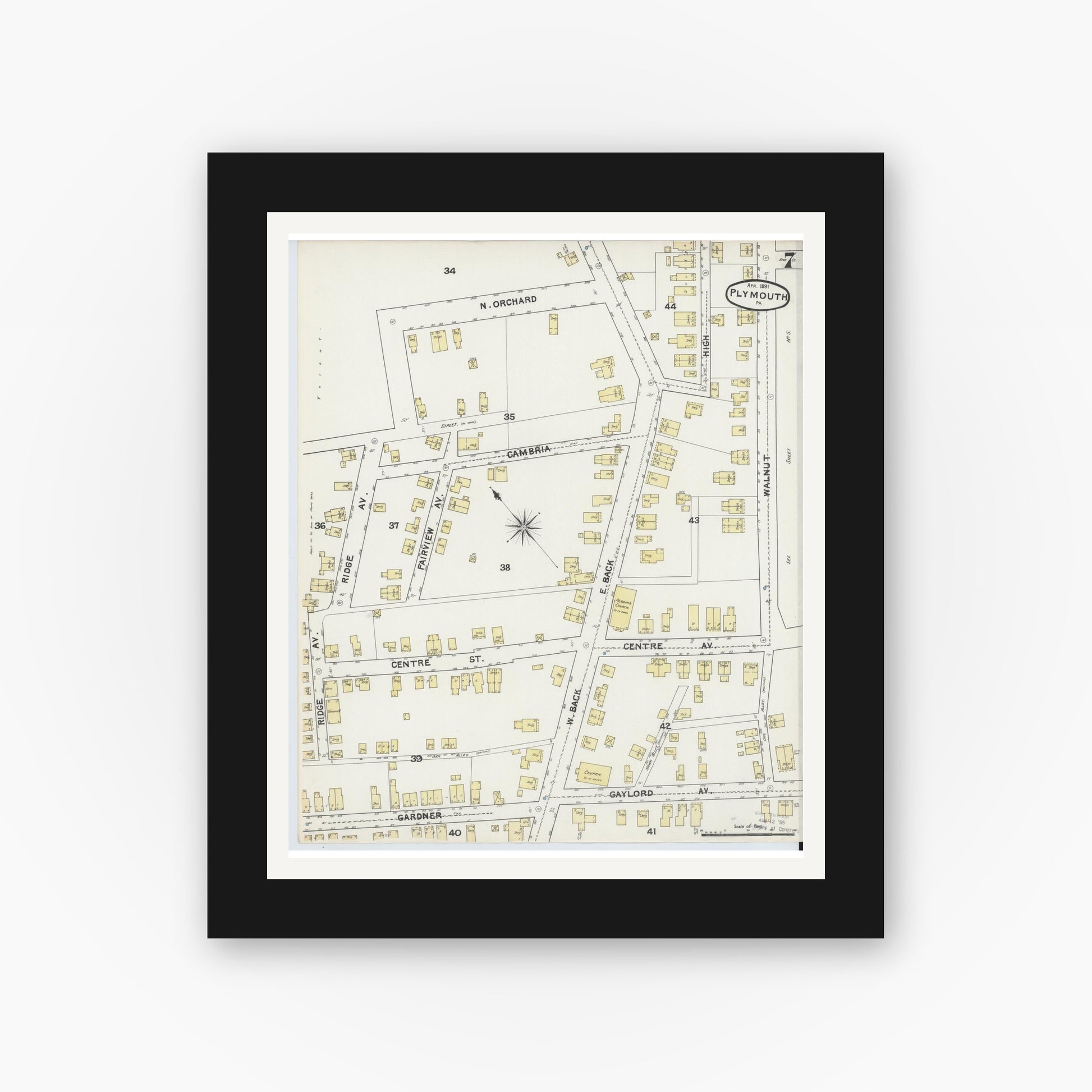 Old map wall art mockup — black gallery frame with white mat — Sanborn Fire Insurance Map from Plymouth, Luzerne County, Pennsylvania (1891), Sheet #0007