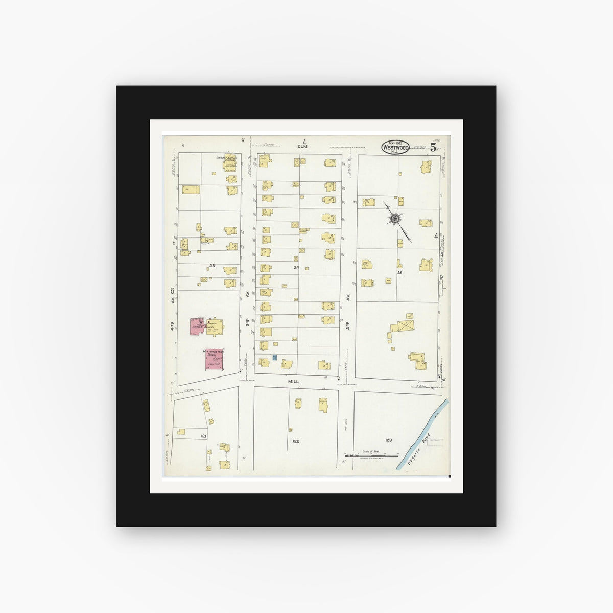 Old map wall art mockup — black gallery frame with white mat — Sanborn Fire Insurance Map from Westwood, Bergen County, New Jersey (1921), Sheet #0005