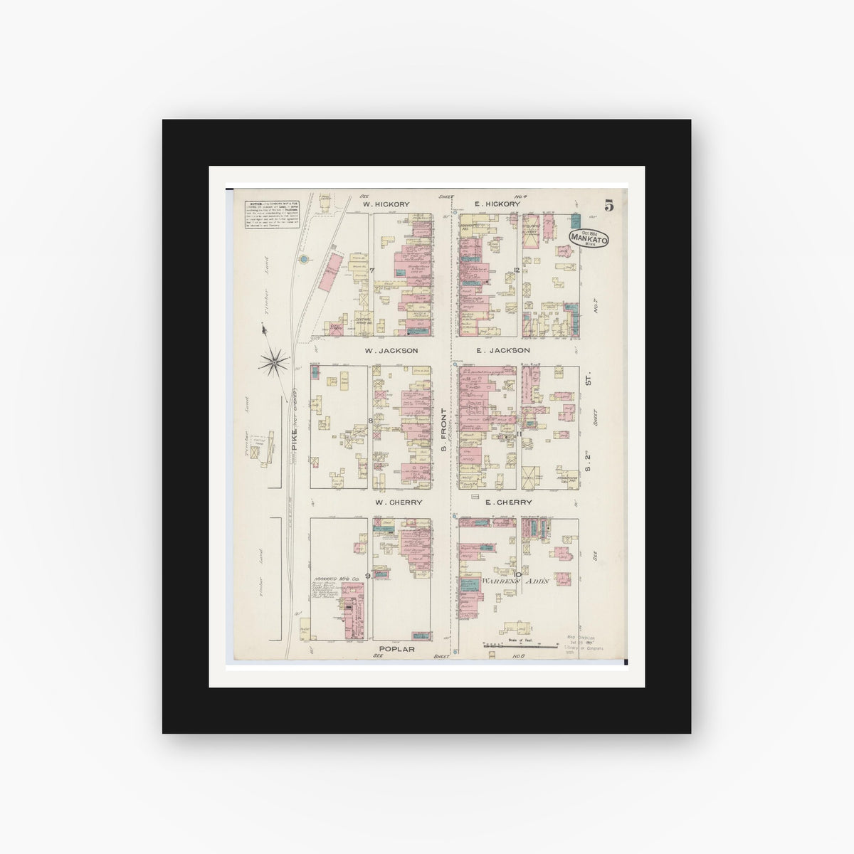 Old map wall art mockup — black gallery frame with white mat — Sanborn Fire Insurance Map from Mankato, Blue Earth County, Minnesota (1884), Sheet #0005