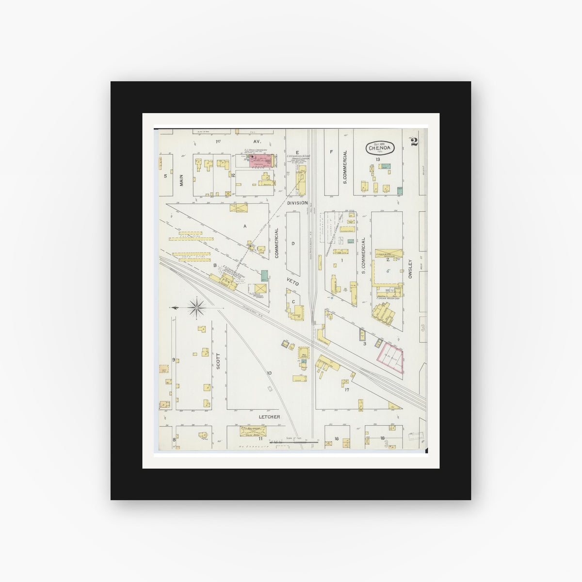 Old map wall art mockup — black gallery frame with white mat — Sanborn Fire Insurance Map from Chenoa, McLean County, Illinois (1892), Sheet #0002