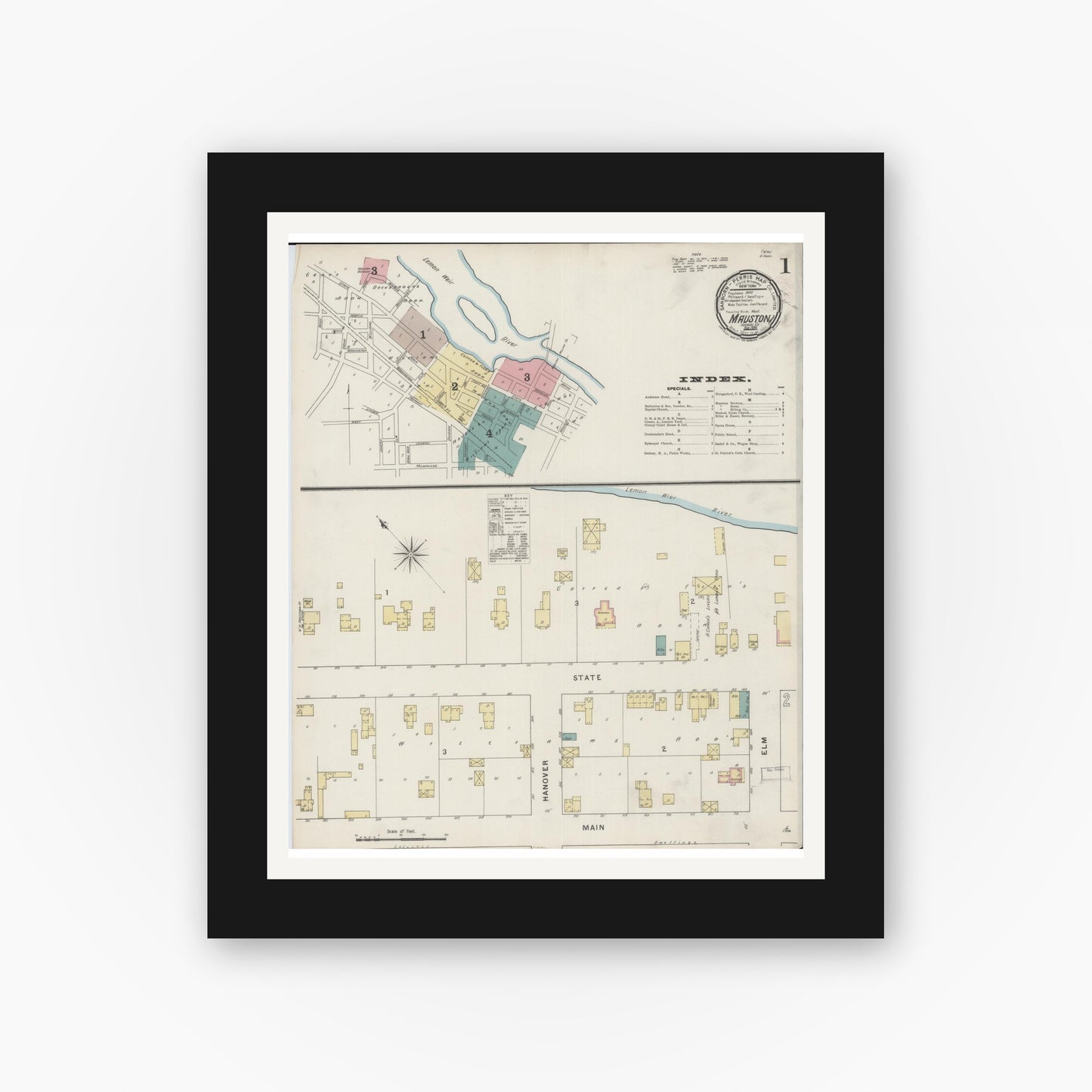 Old map wall art mockup — black gallery frame with white mat — Sanborn Fire Insurance Map from Mauston, Juneau County, Wisconsin (1894) - Complete Map Set