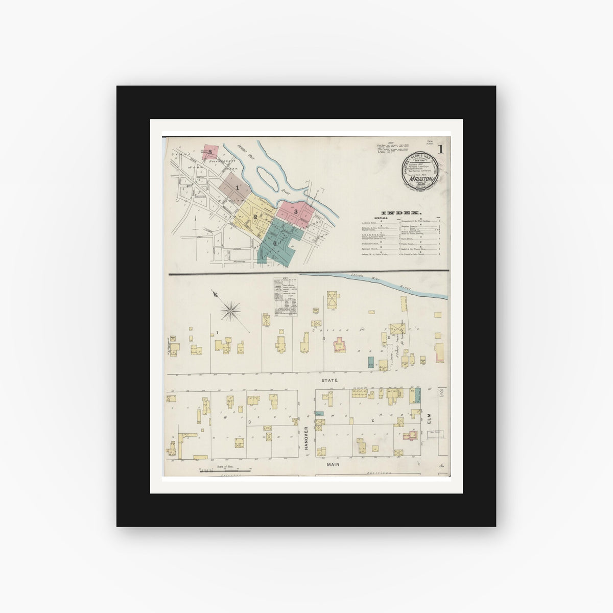 Old map wall art mockup — black gallery frame with white mat — Sanborn Fire Insurance Map from Mauston, Juneau County, Wisconsin (1894) - Complete Map Set