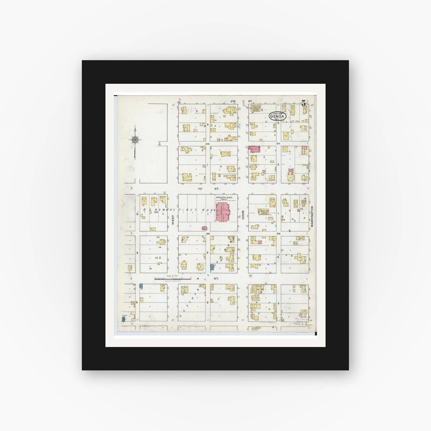 Old map wall art mockup — black gallery frame with white mat — Sanborn Fire Insurance Map from Genoa, Ottawa County, Ohio (1920), Sheet #0005