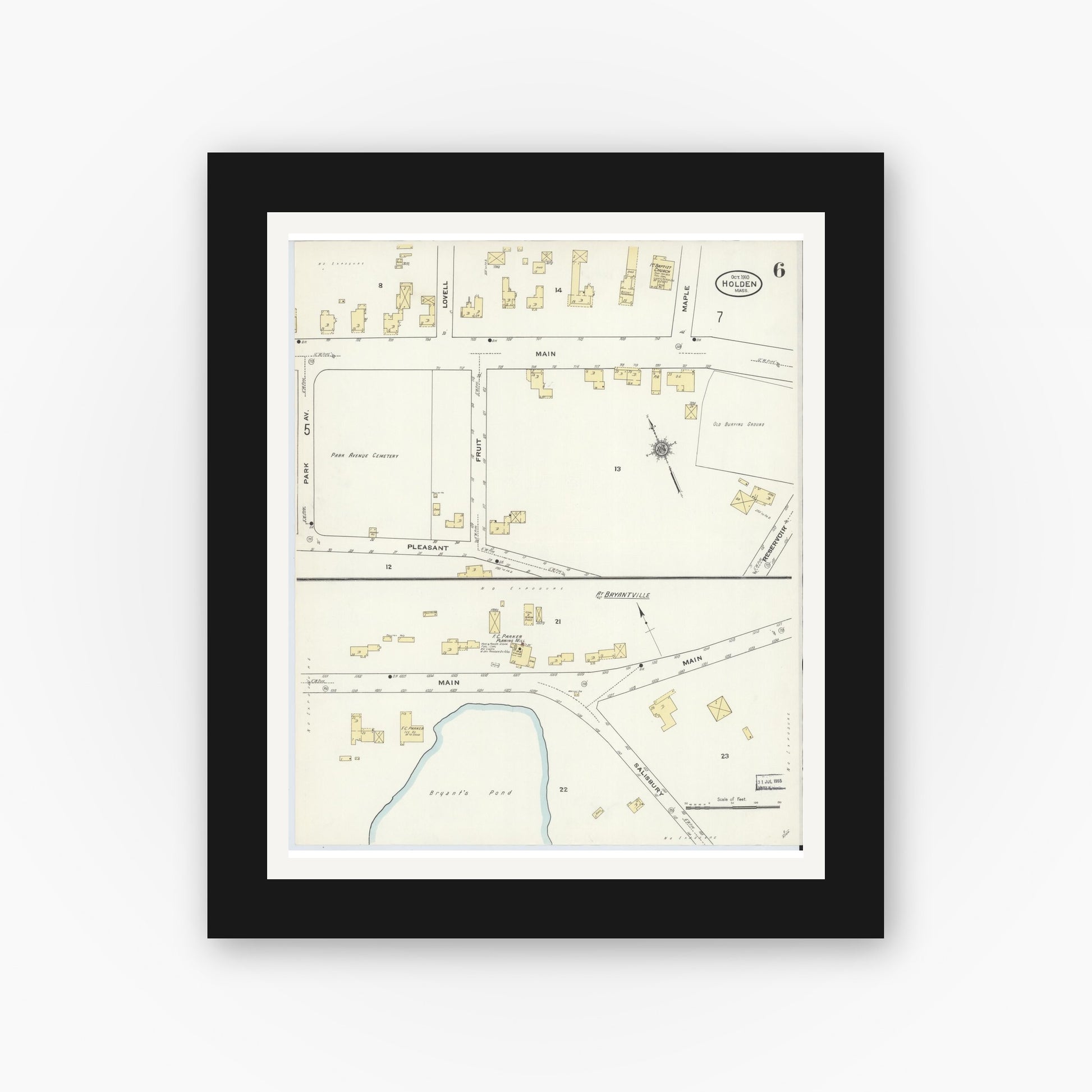 Old map wall art mockup — black gallery frame with white mat — Sanborn Fire Insurance Map from Holden, Worcester County, Massachusetts (1910), Sheet #0006