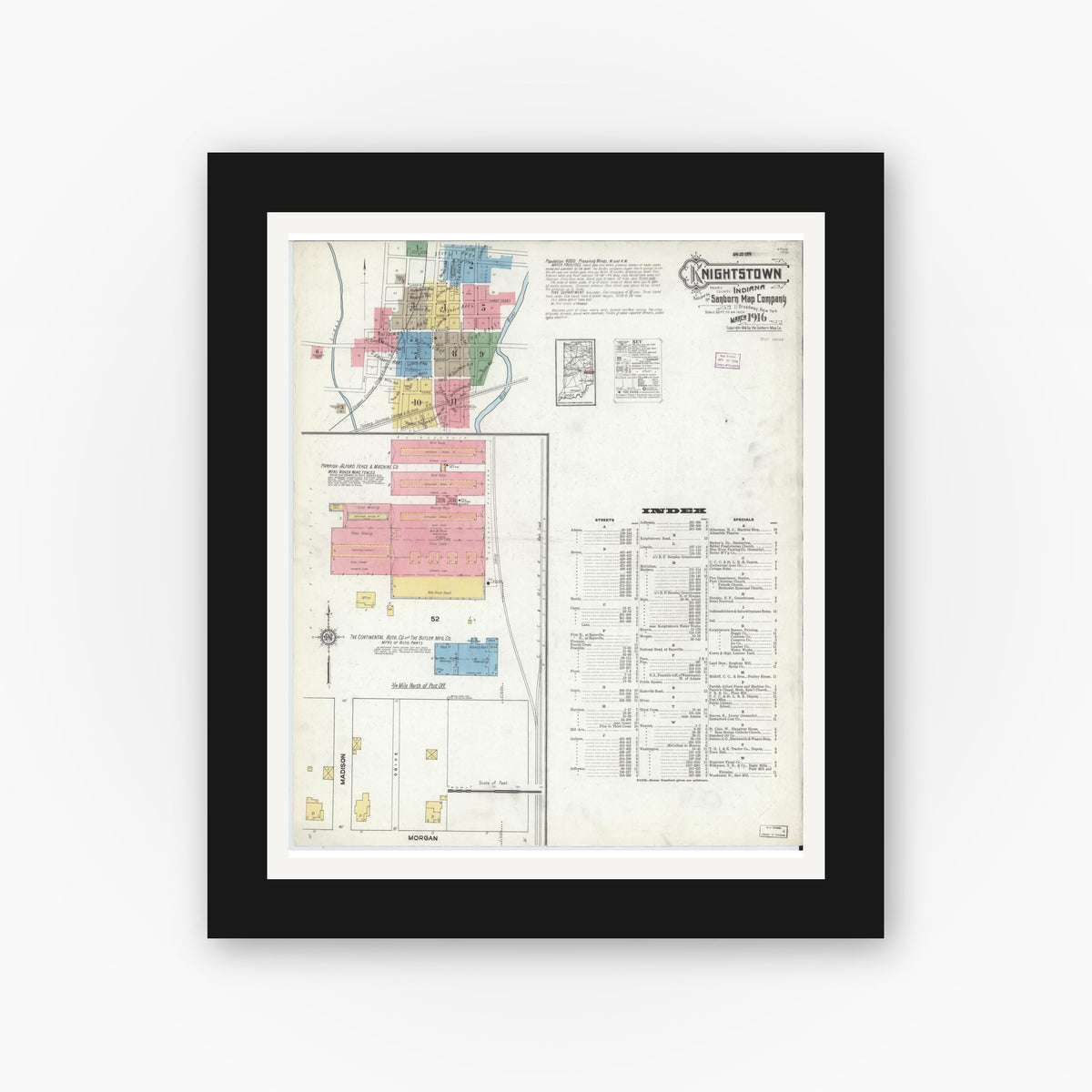 Old map wall art mockup — black gallery frame with white mat — Sanborn Fire Insurance Map from Knightstown, Henry County, Indiana (1916) - Complete Map Set