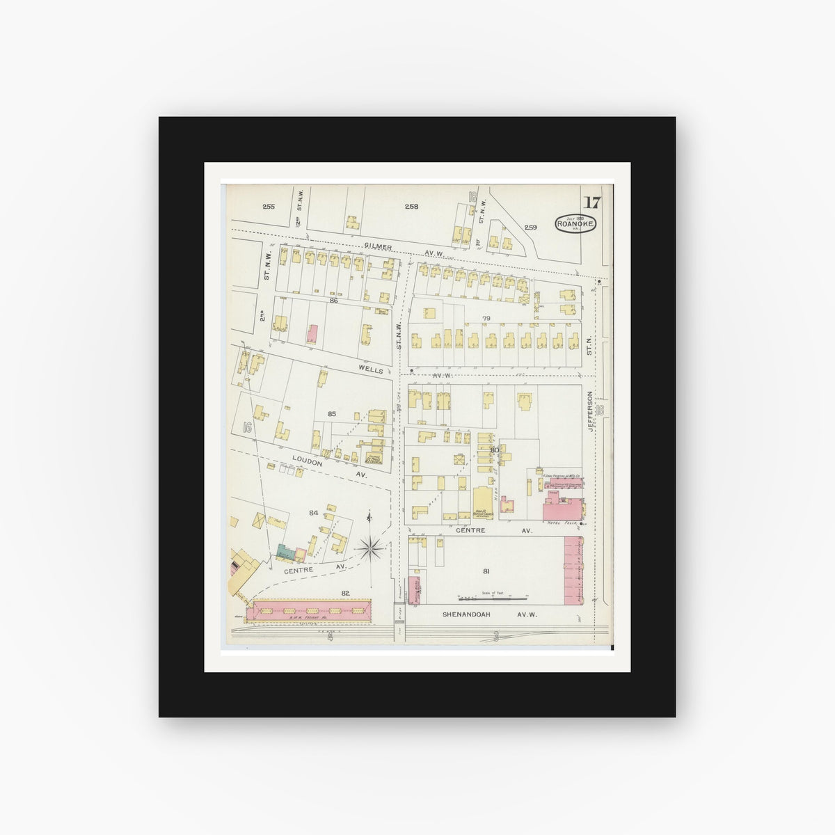 Old map wall art mockup — black gallery frame with white mat — Sanborn Fire Insurance Map from Roanoke, Independent Cities, Virginia (1893), Sheet #0017