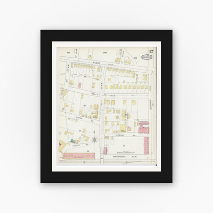 Old map wall art mockup — black gallery frame with white mat — Sanborn Fire Insurance Map from Roanoke, Independent Cities, Virginia (1893), Sheet #0017