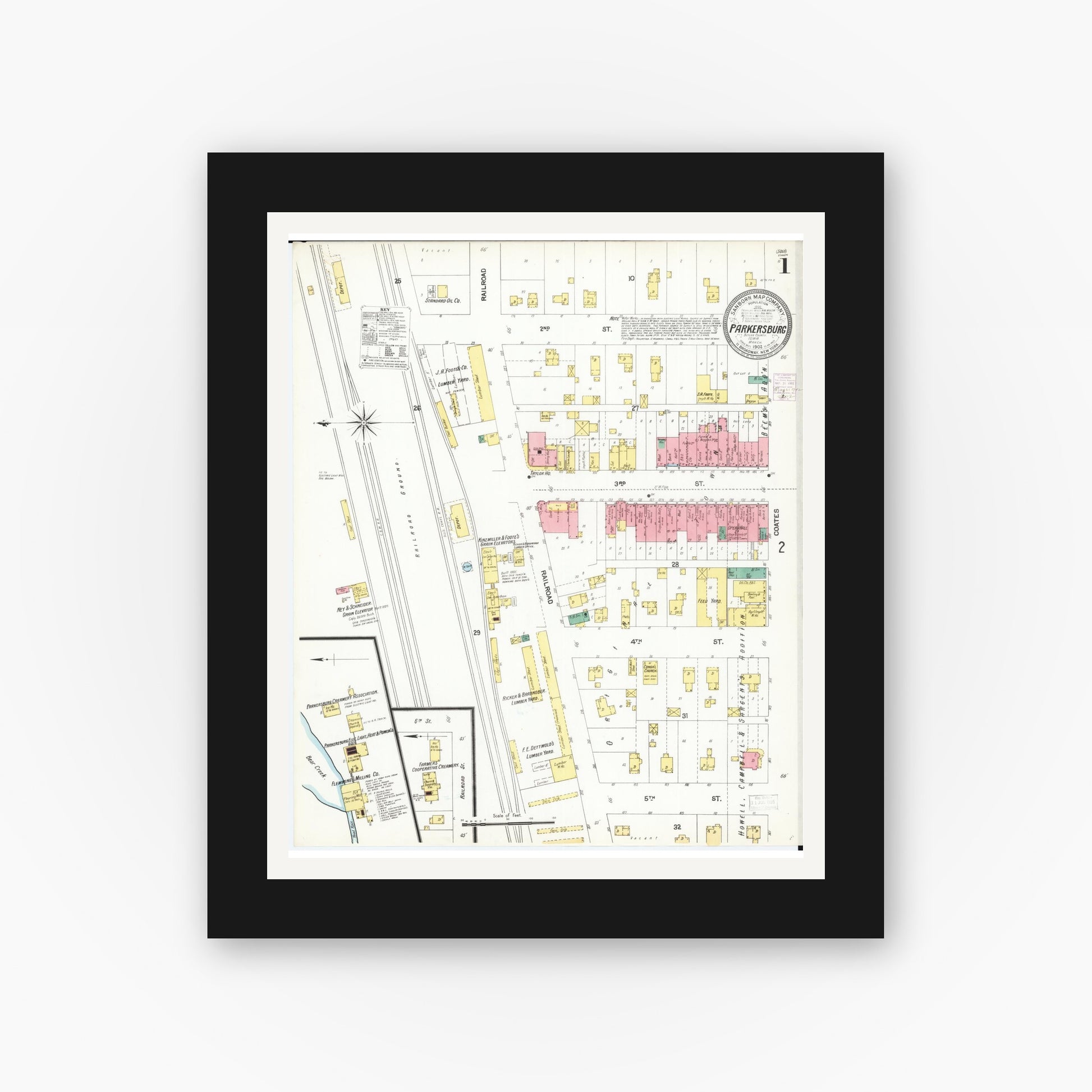 Old map wall art mockup — black gallery frame with white mat — Sanborn Fire Insurance Map from Parkersburg, Butler County, Iowa (1902), Sheet #0001