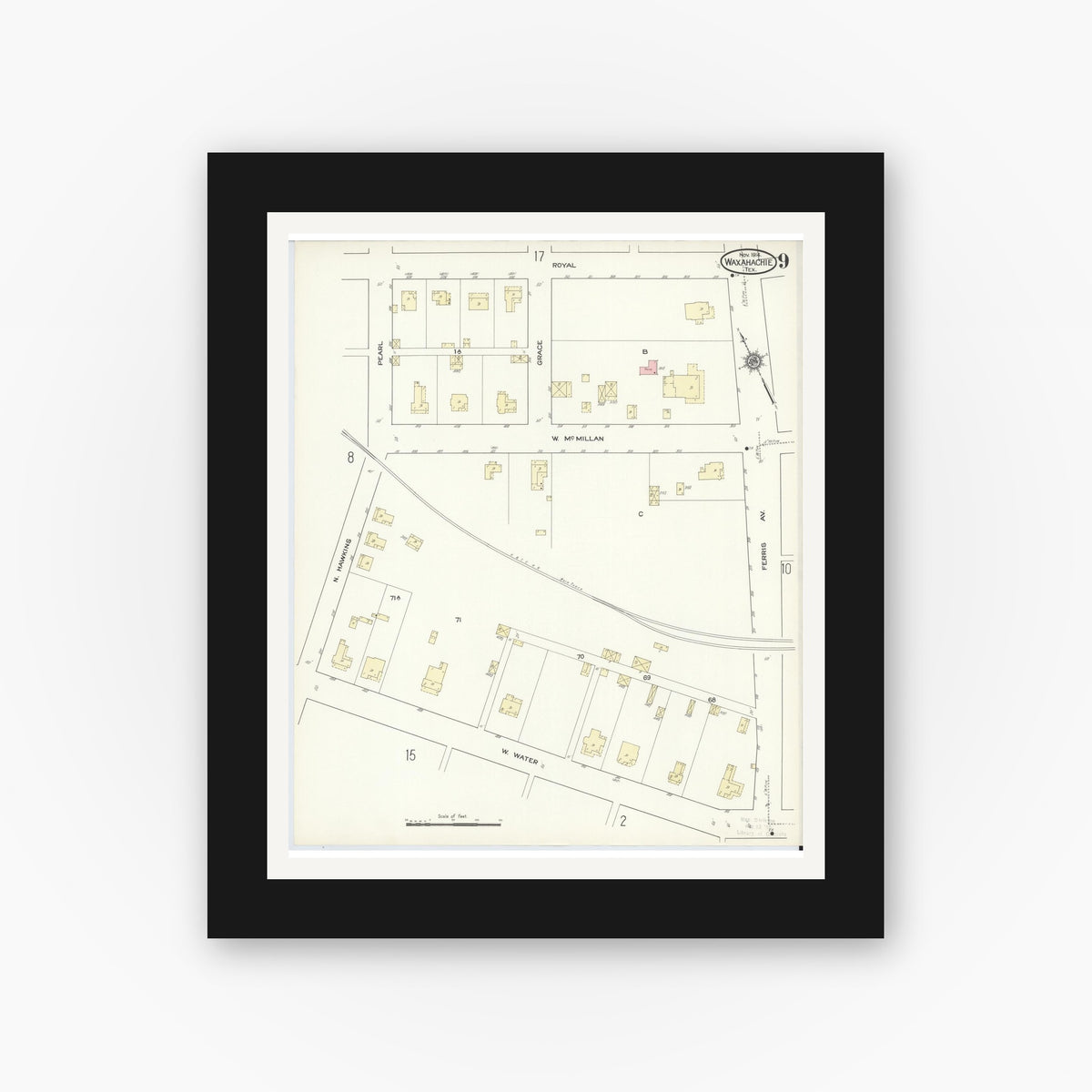 Old map wall art mockup — black gallery frame with white mat — Sanborn Fire Insurance Map from Waxahachie, Ellis County, Texas (1914), Sheet #0009