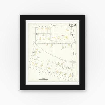 Old map wall art mockup — black gallery frame with white mat — Sanborn Fire Insurance Map from Waxahachie, Ellis County, Texas (1914), Sheet #0009