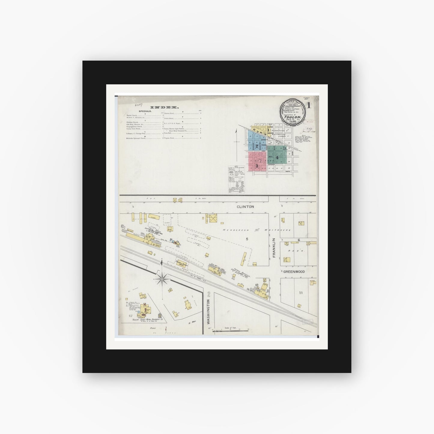 Old map wall art mockup — black gallery frame with white mat — Sanborn Fire Insurance Map from Toulon, Stark County, Illinois (1893) - Complete Map Set