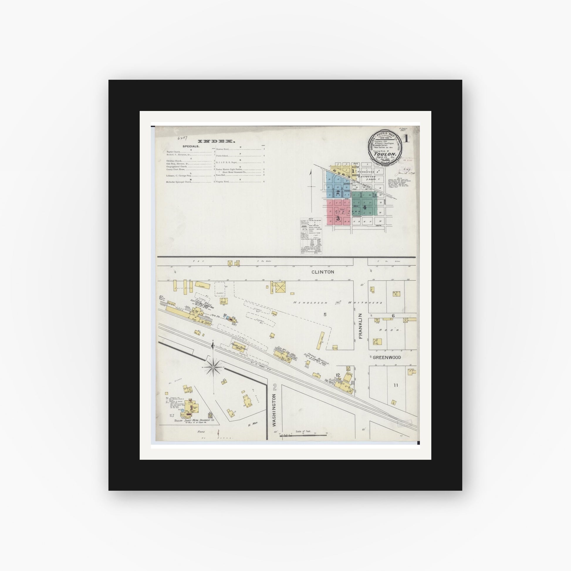 Old map wall art mockup — black gallery frame with white mat — Sanborn Fire Insurance Map from Toulon, Stark County, Illinois (1893) - Complete Map Set