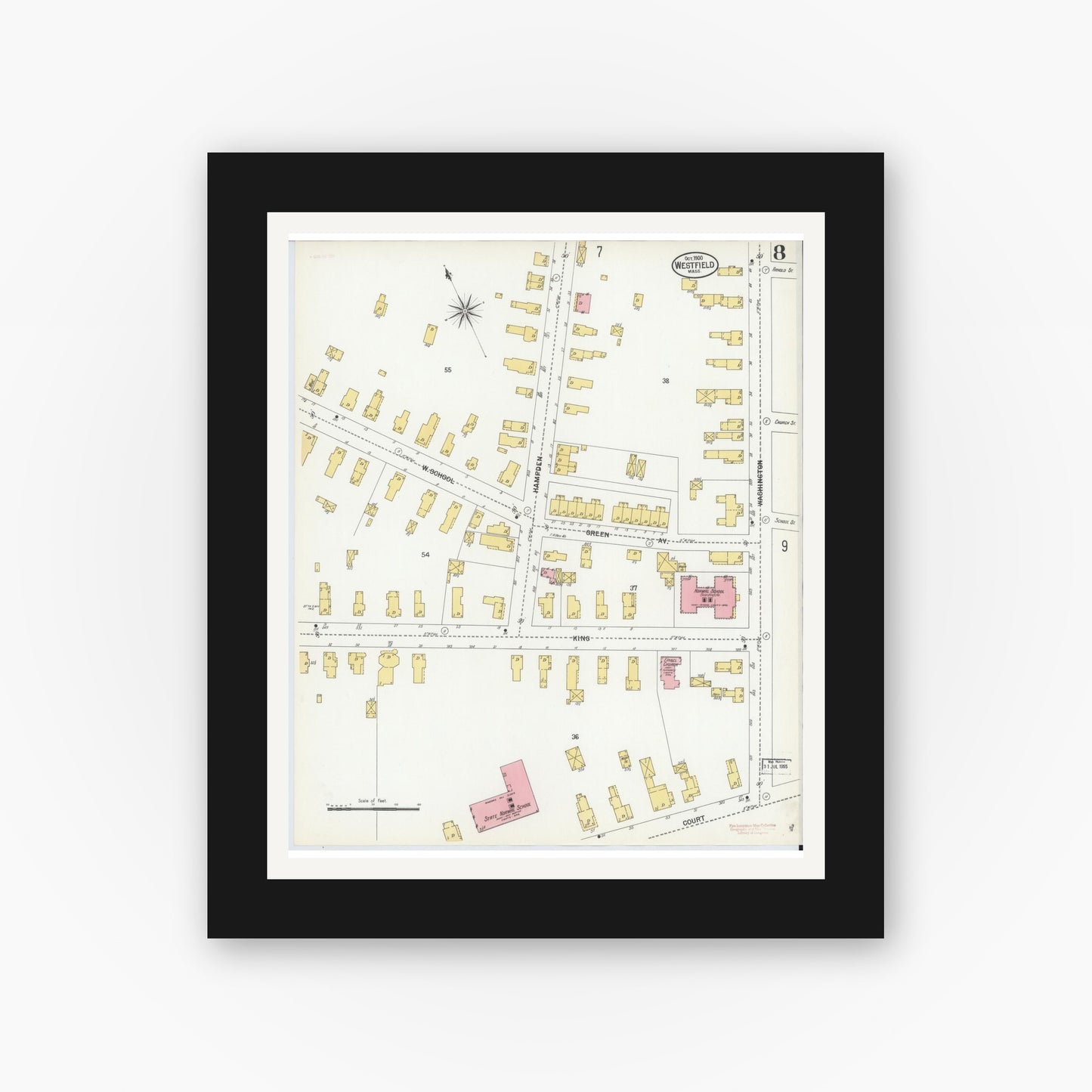 Old map wall art mockup — black gallery frame with white mat — Sanborn Fire Insurance Map from Westfield, Hampden County, Massachusetts (1900), Sheet #0008