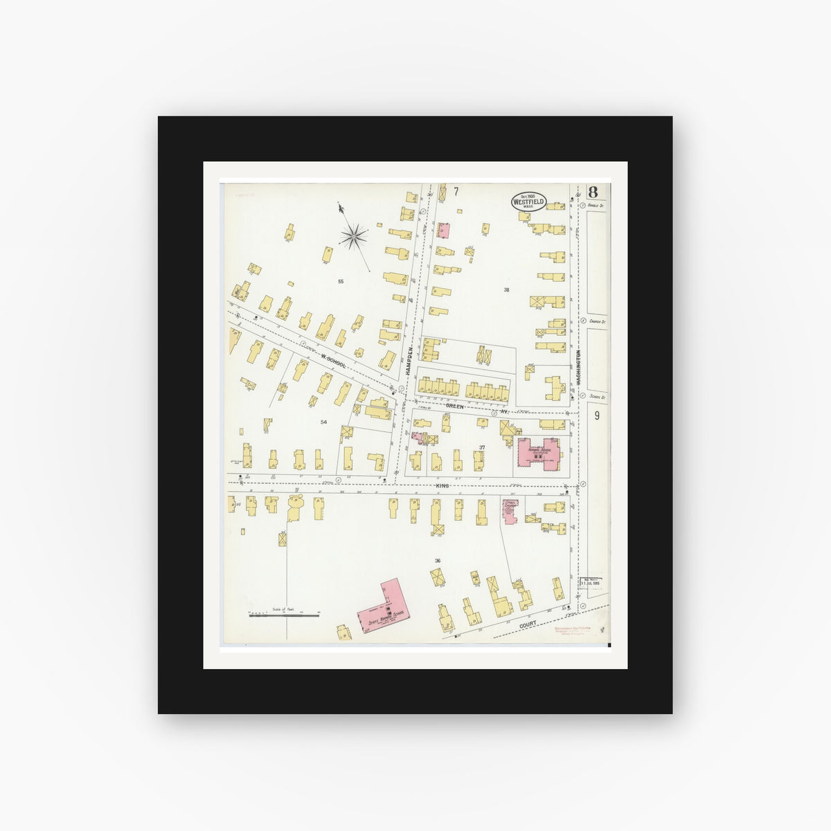 Old map wall art mockup — black gallery frame with white mat — Sanborn Fire Insurance Map from Westfield, Hampden County, Massachusetts (1900), Sheet #0008
