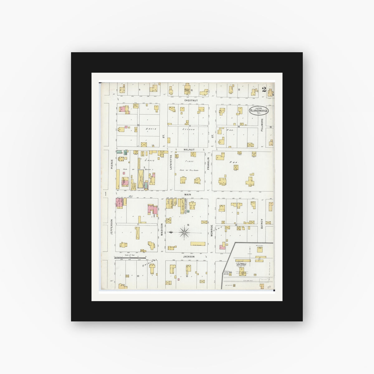 Old map wall art mockup — black gallery frame with white mat — Sanborn Fire Insurance Map from Blandinsville, Mcdonough County, Illinois (1898), Sheet #0002