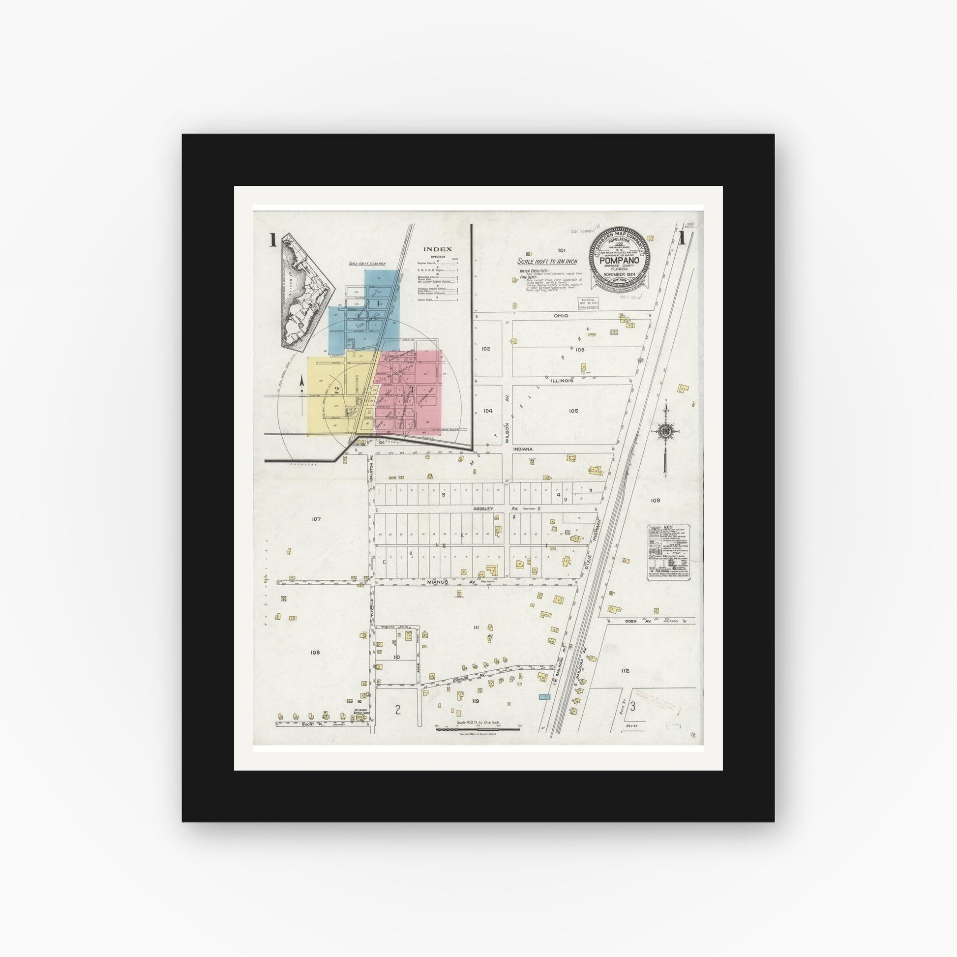 Old map wall art mockup — black gallery frame with white mat — Sanborn Fire Insurance Map from Pompano, Broward County, Florida (1924), Sheet #0001