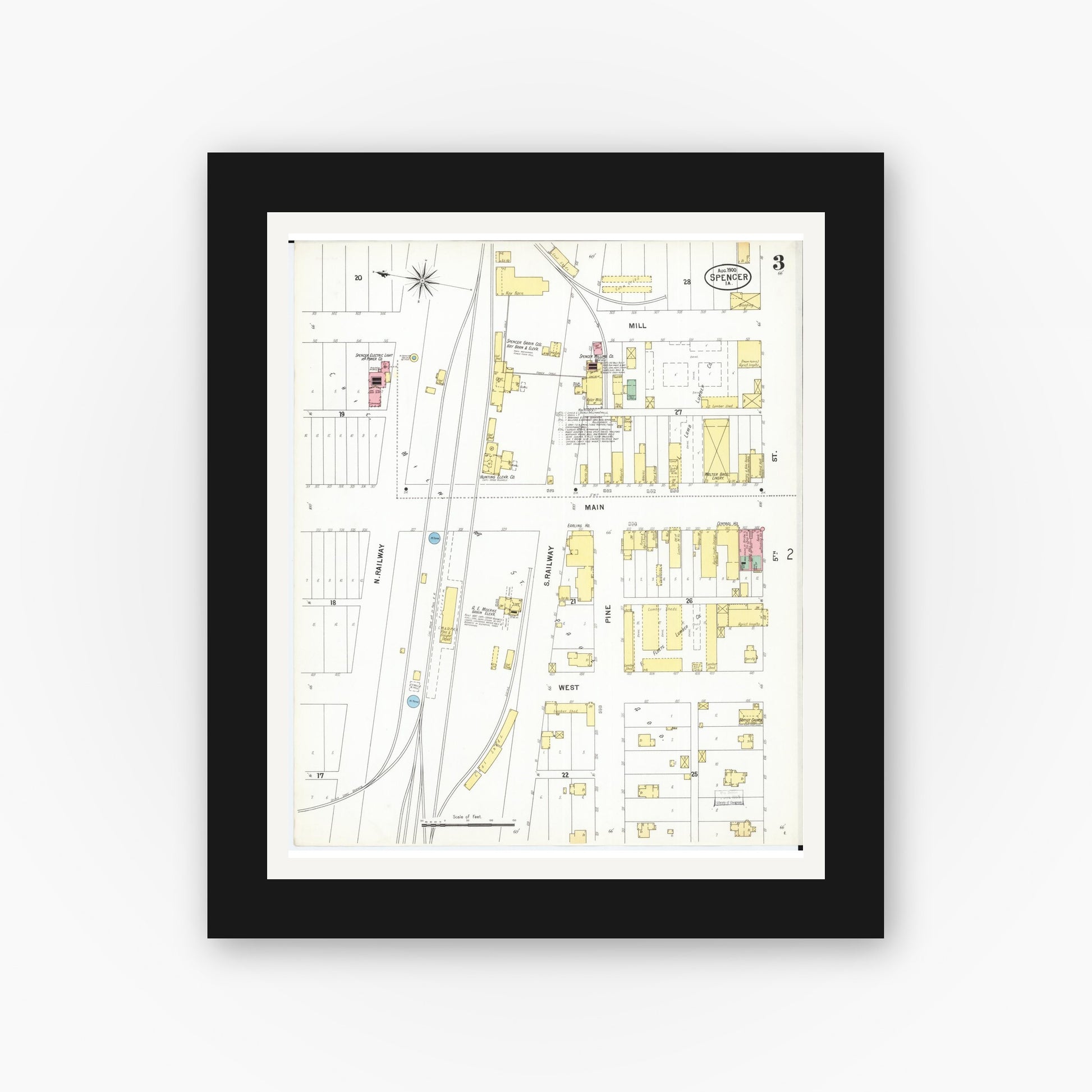 Old map wall art mockup — black gallery frame with white mat — Sanborn Fire Insurance Map from Spencer, Clay County, Iowa (1900), Sheet #0003
