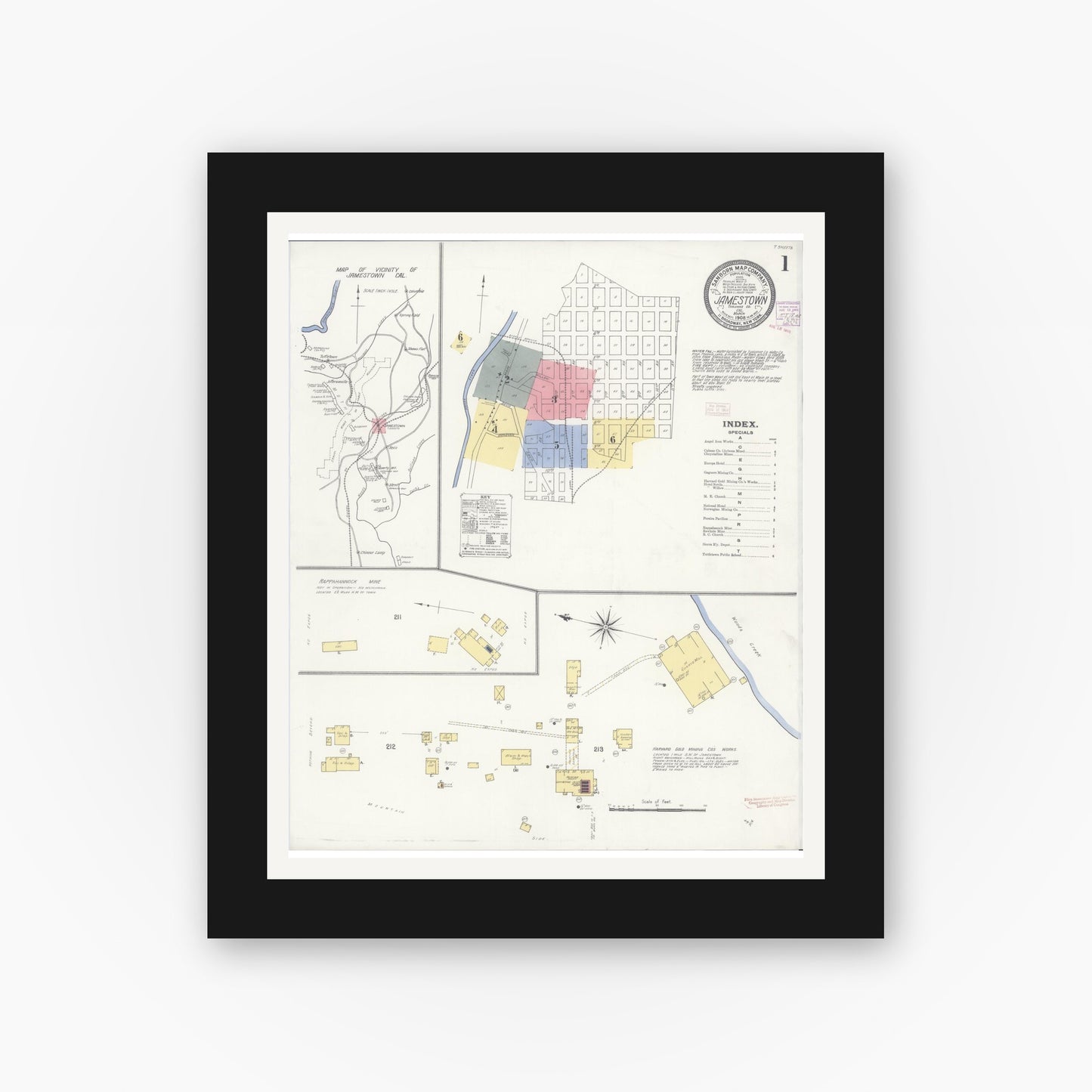 Old map wall art mockup — black gallery frame with white mat — Sanborn Fire Insurance Map from Jamestown, Tuolumne County, California (1908) - Complete Map Set