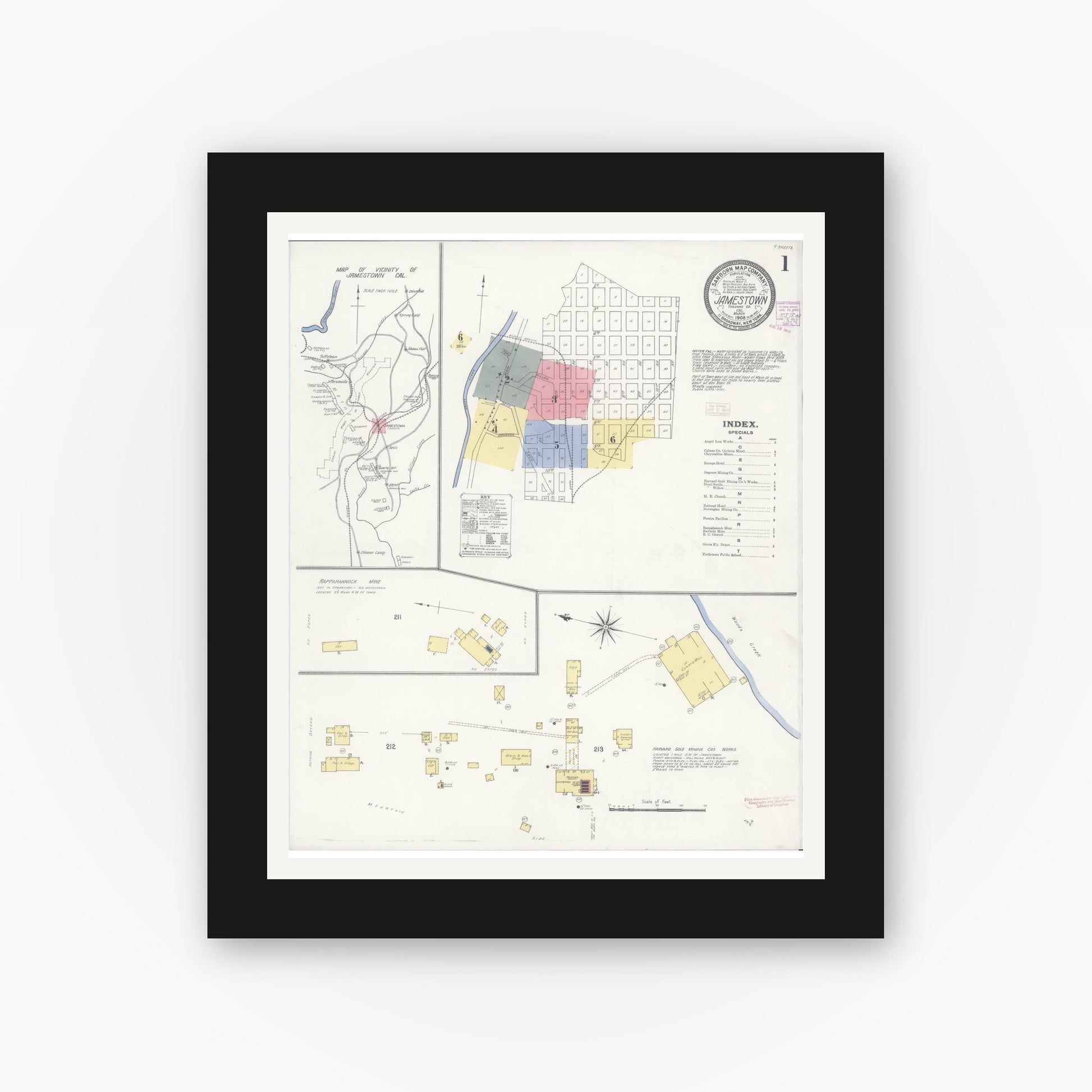 Old map wall art mockup — black gallery frame with white mat — Sanborn Fire Insurance Map from Jamestown, Tuolumne County, California (1908) - Complete Map Set