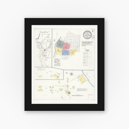 Old map wall art mockup — black gallery frame with white mat — Sanborn Fire Insurance Map from Jamestown, Tuolumne County, California (1908) - Complete Map Set