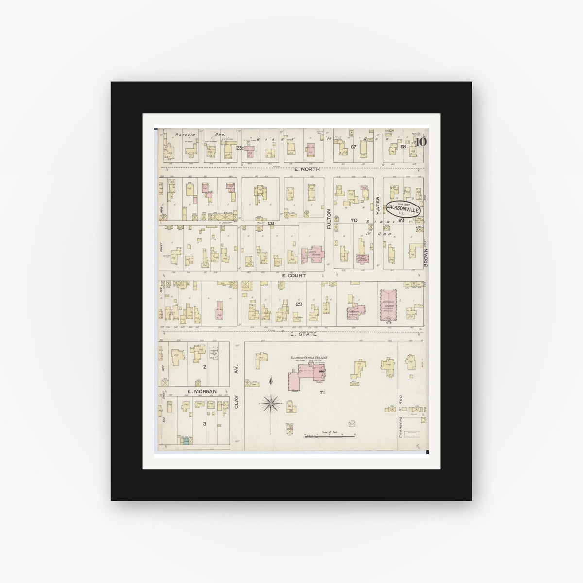 Old map wall art mockup — black gallery frame with white mat — Sanborn Fire Insurance Map from Jacksonville, Morgan County, Illinois (1887), Sheet #0010