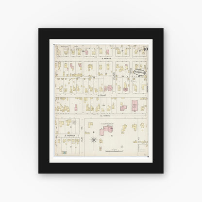 Old map wall art mockup — black gallery frame with white mat — Sanborn Fire Insurance Map from Jacksonville, Morgan County, Illinois (1887), Sheet #0010