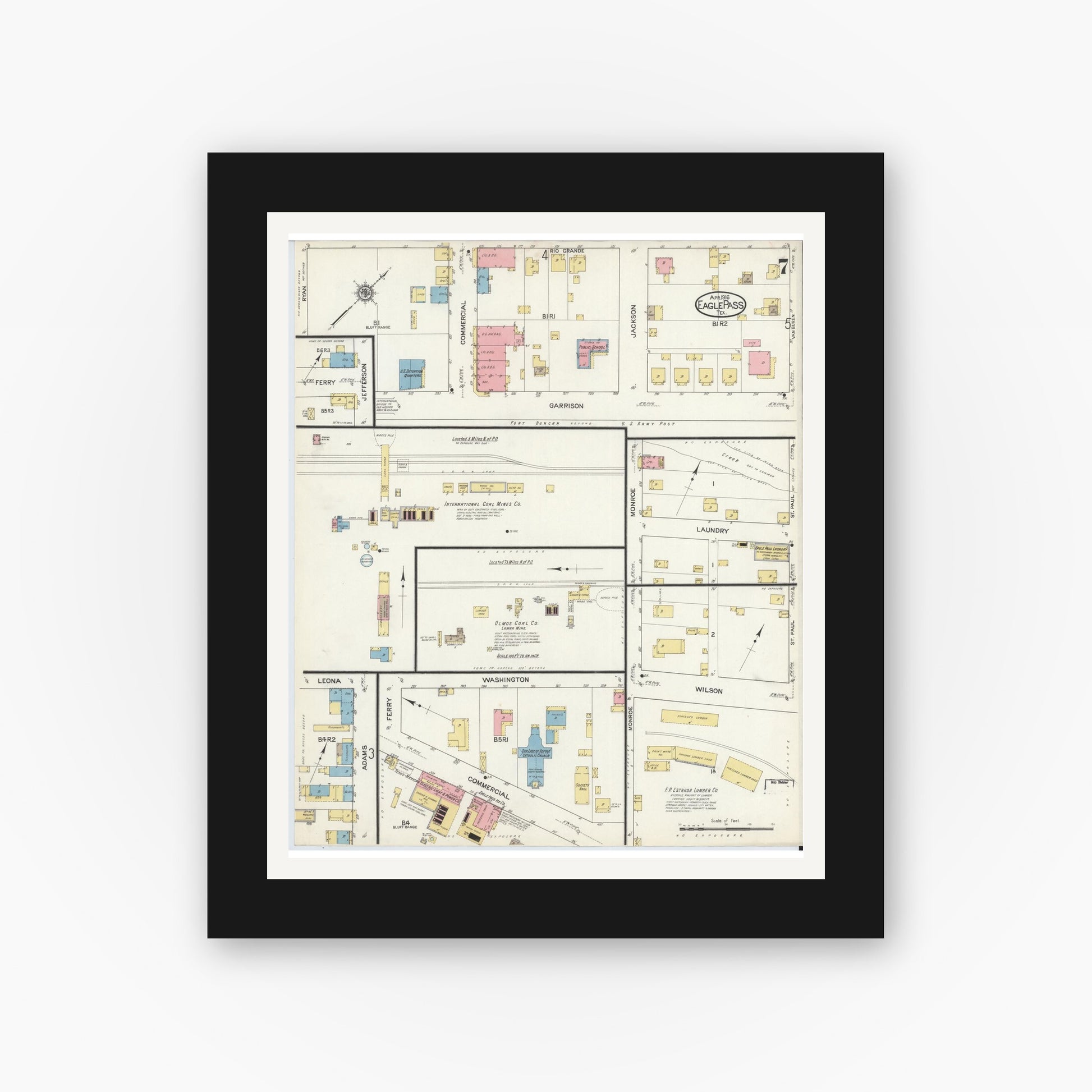 Old map wall art mockup — black gallery frame with white mat — Sanborn Fire Insurance Map from Eagle Pass, Maverick County, Texas (1916), Sheet #0007