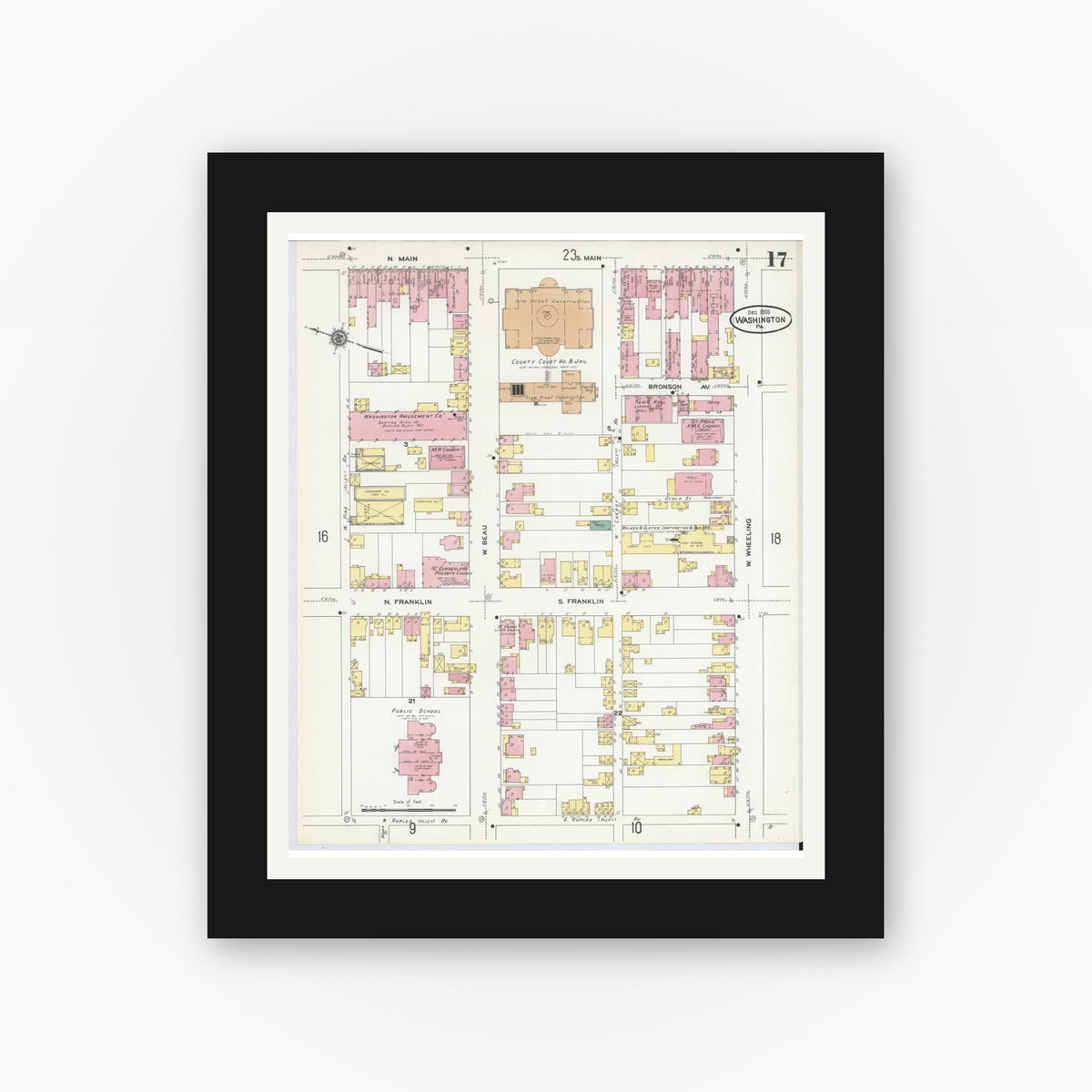 Old map wall art mockup — black gallery frame with white mat — Sanborn Fire Insurance Map from Washington, Washington County, Pennsylvania (1909), Sheet #0017