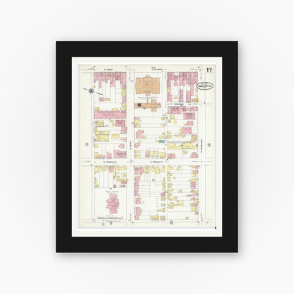 Old map wall art mockup — black gallery frame with white mat — Sanborn Fire Insurance Map from Washington, Washington County, Pennsylvania (1909), Sheet #0017
