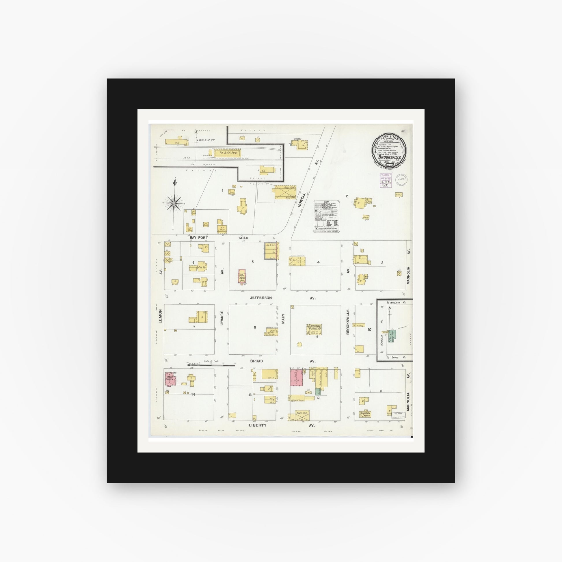 Old map wall art mockup — black gallery frame with white mat — Sanborn Fire Insurance Map from Brooksville, Hernando County, Florida (1901), Sheet #0001