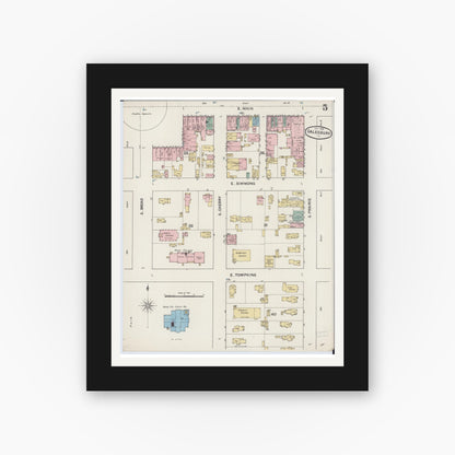 Old map wall art mockup — black gallery frame with white mat — Sanborn Fire Insurance Map from Galesburg, Knox County, Illinois (1888), Sheet #0005