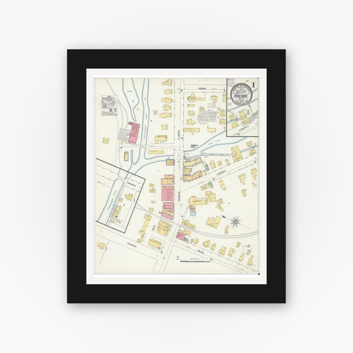 Old map wall art mockup — black gallery frame with white mat — Sanborn Fire Insurance Map from Arcade, Wyoming County, New York (1905) - Complete Map Set