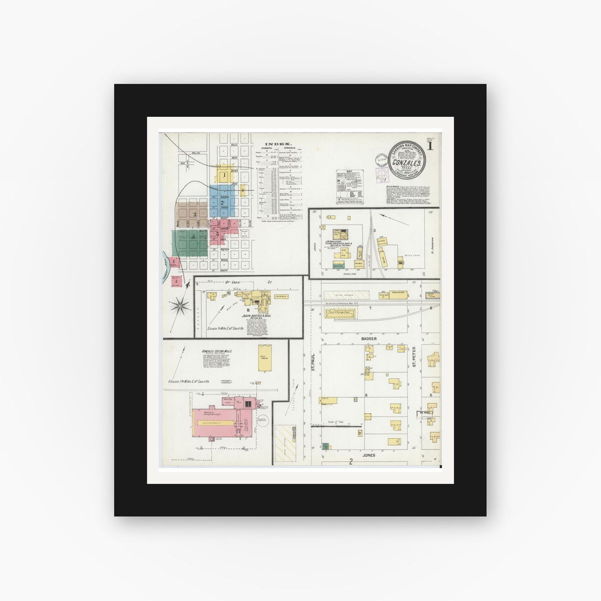 Old map wall art mockup — black gallery frame with white mat — Sanborn Fire Insurance Map from Gonzales, Gonzales County, Texas (1902) - Complete Map Set