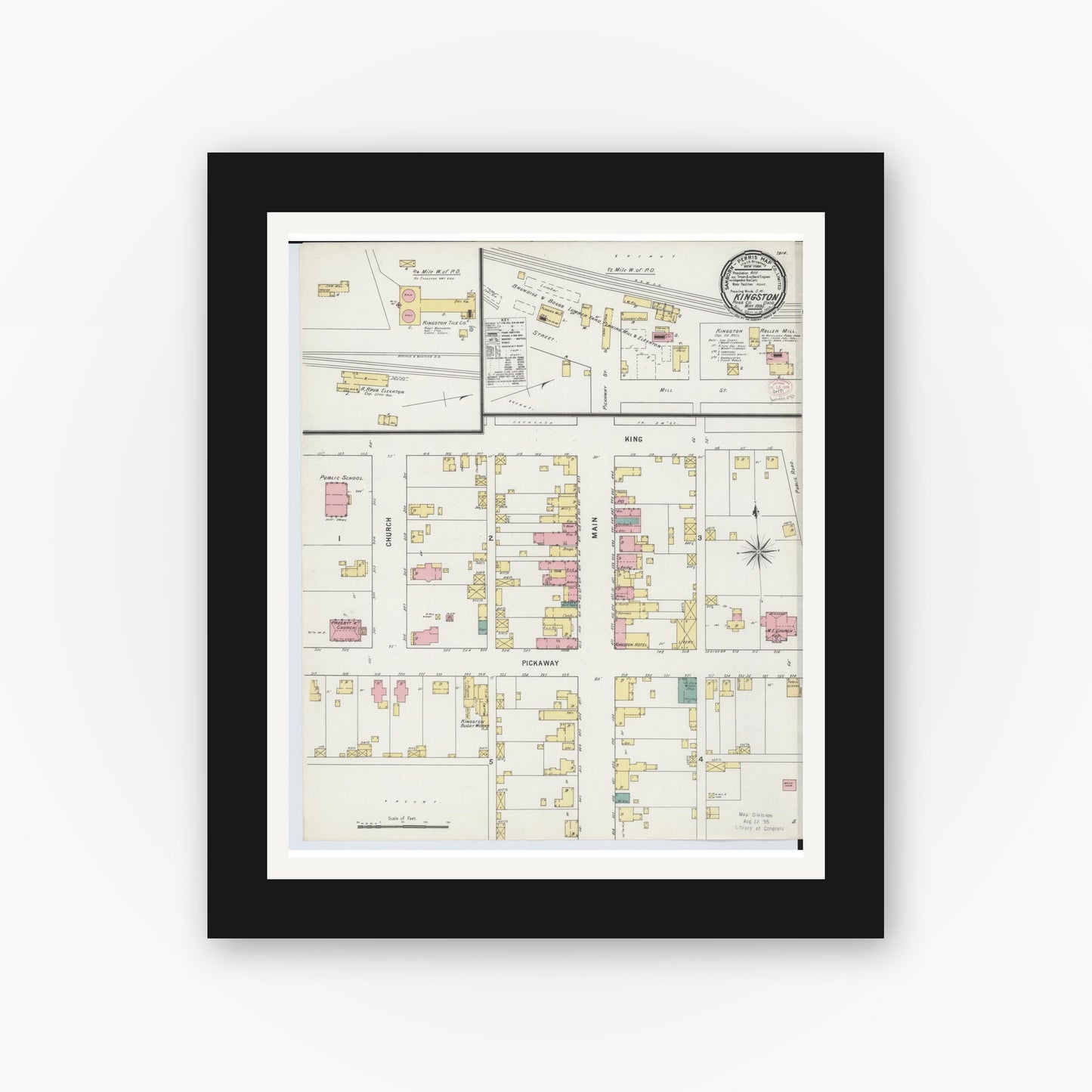 Old map wall art mockup — black gallery frame with white mat — Sanborn Fire Insurance Map from Kingston, Ross County, Ohio (1895), Sheet #0001