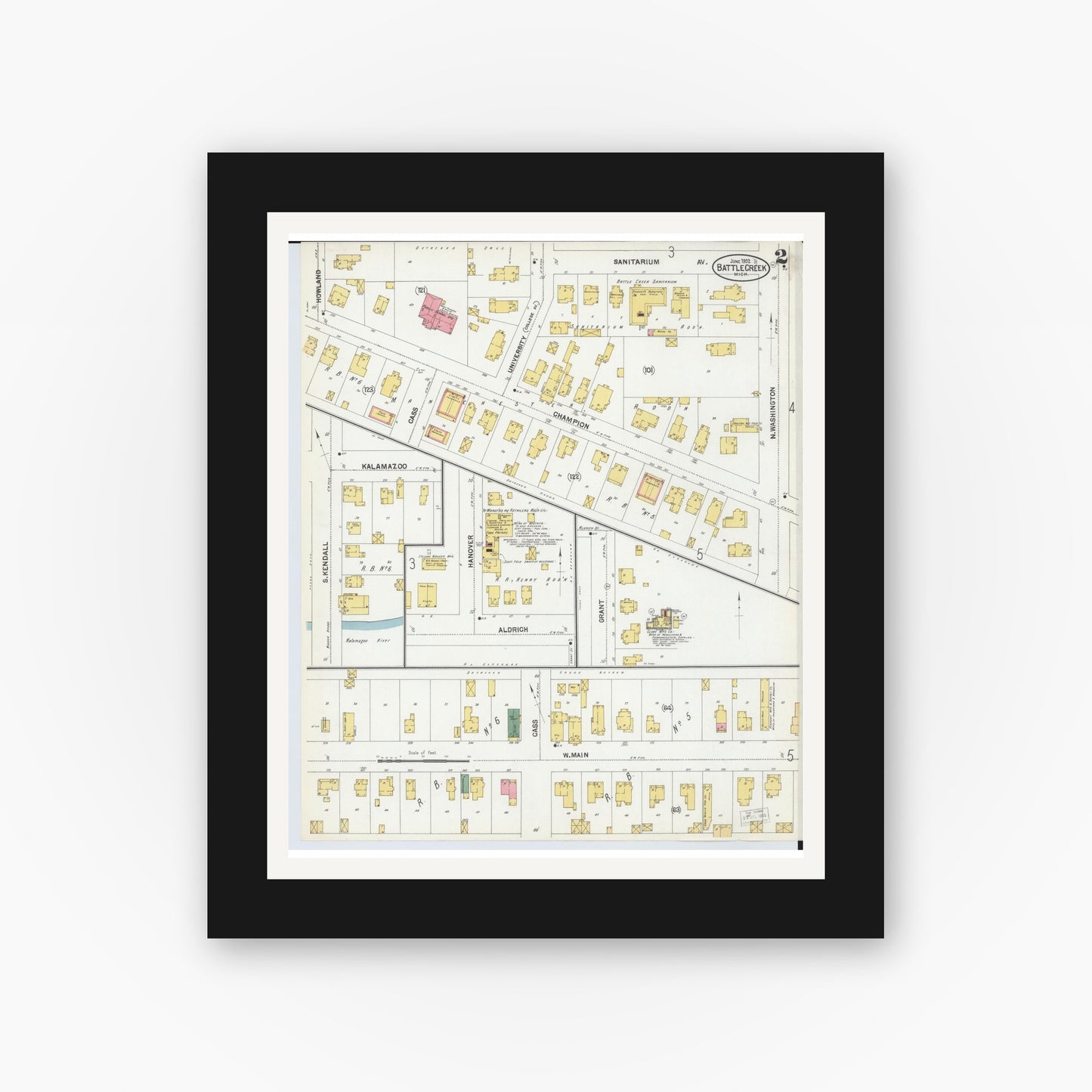 Old map wall art mockup — black gallery frame with white mat — Sanborn Fire Insurance Map from Battle Creek, Calhoun County, Michigan (1902), Sheet #0002