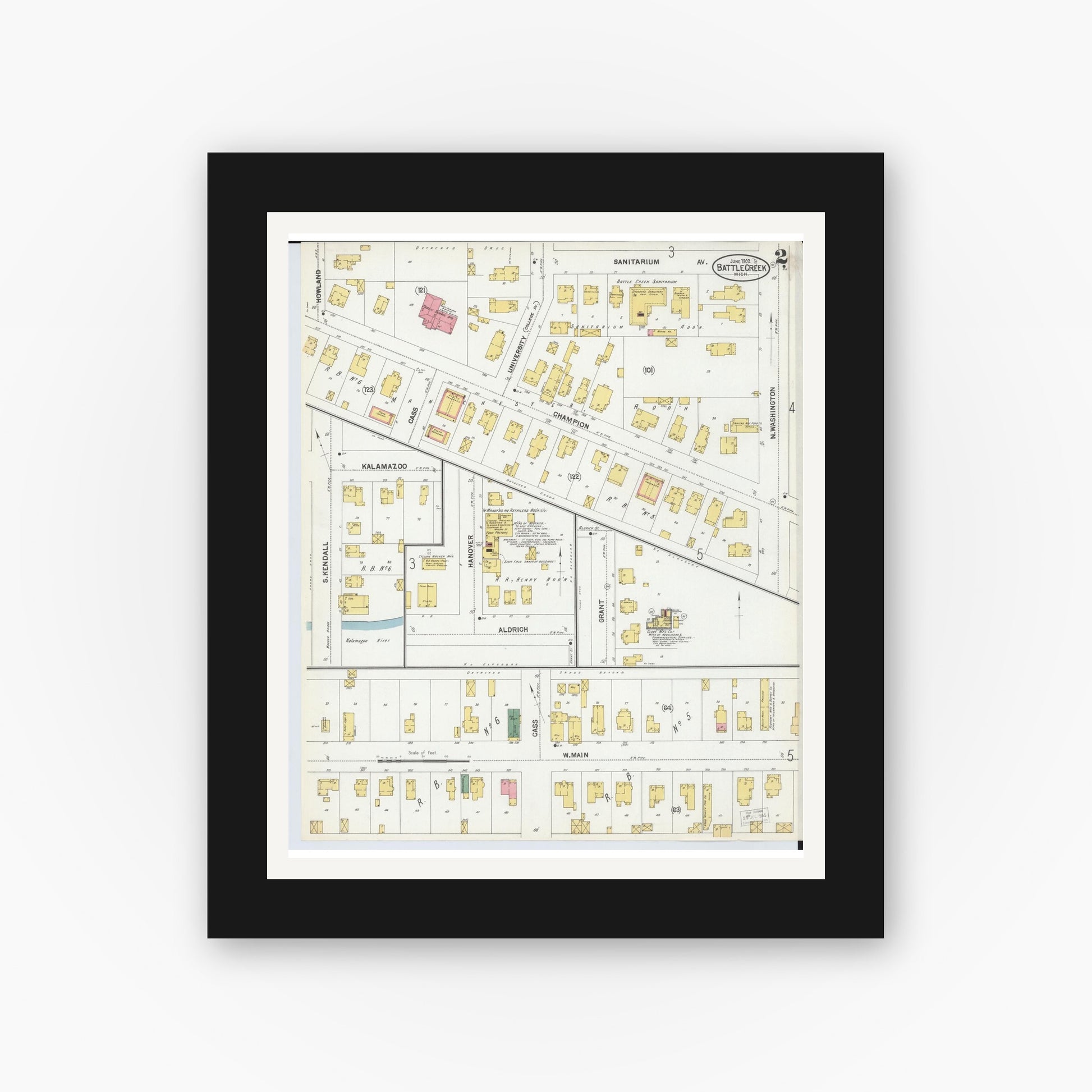 Old map wall art mockup — black gallery frame with white mat — Sanborn Fire Insurance Map from Battle Creek, Calhoun County, Michigan (1902), Sheet #0002