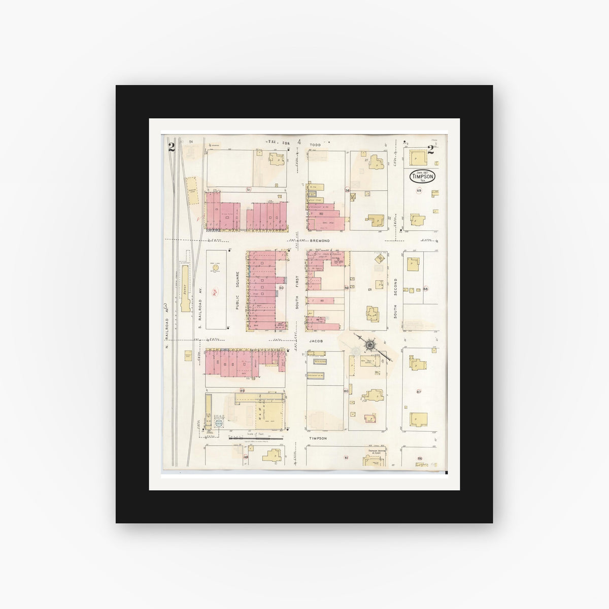 Old map wall art mockup — black gallery frame with white mat — Sanborn Fire Insurance Map from Timpson, Shelby County, Texas (1941), Sheet #0002
