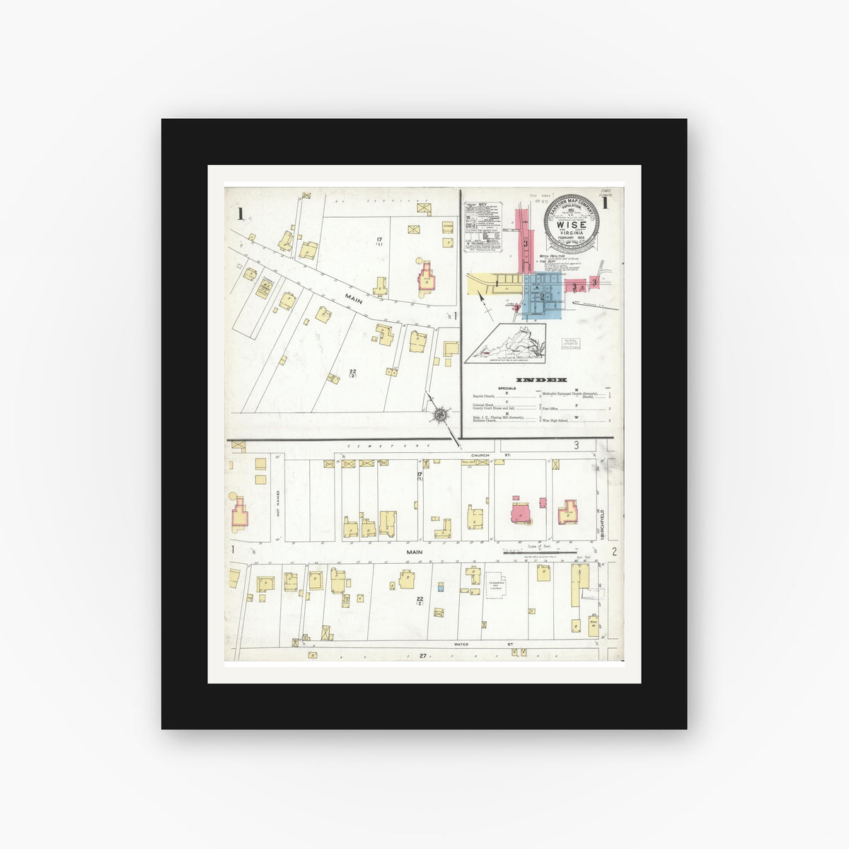 Old map wall art mockup — black gallery frame with white mat — Sanborn Fire Insurance Map from Wise, Wise County, Virginia (1923) - Complete Map Set