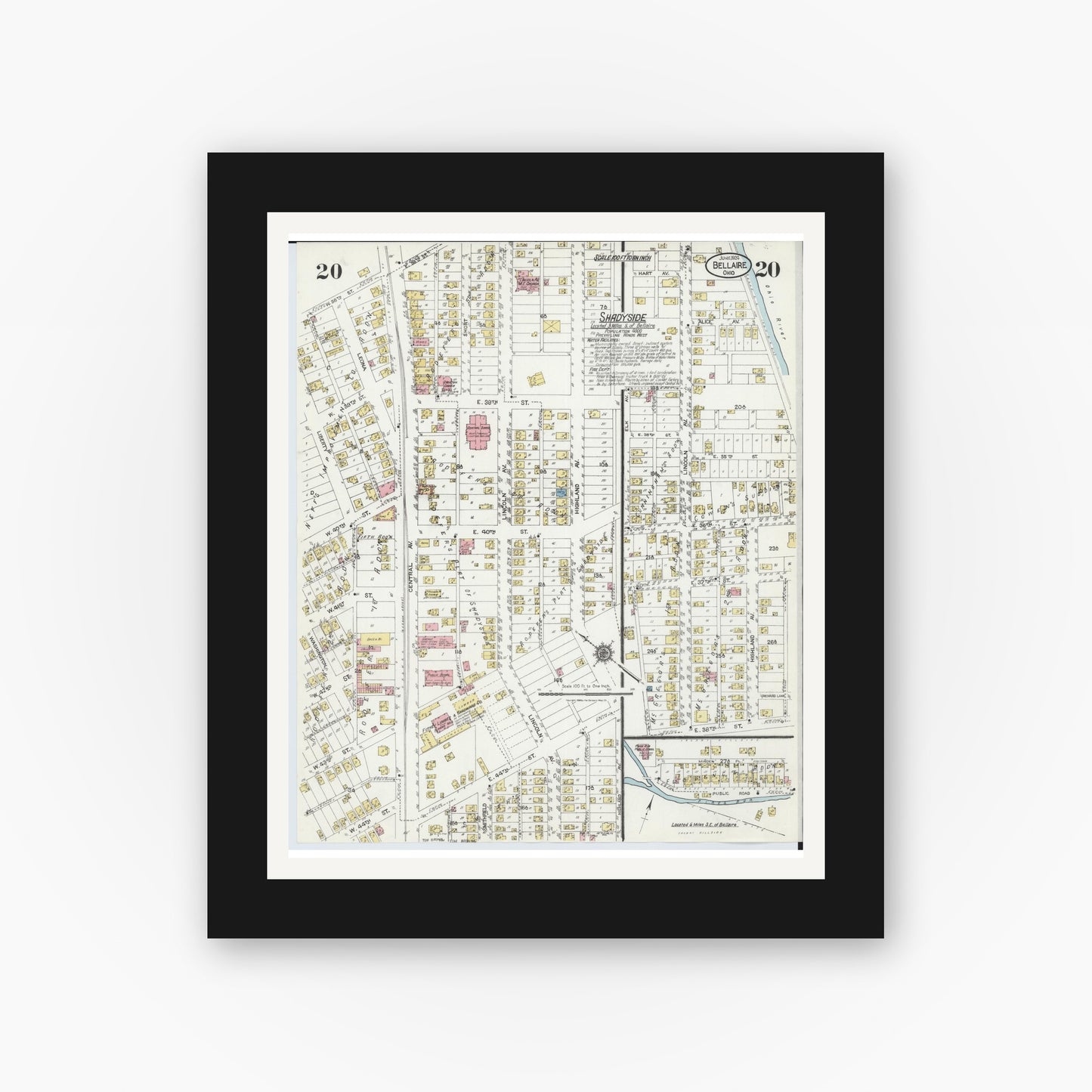 Old map wall art mockup — black gallery frame with white mat — Sanborn Fire Insurance Map from Bellaire, Belmont County, Ohio (1924), Sheet #0020