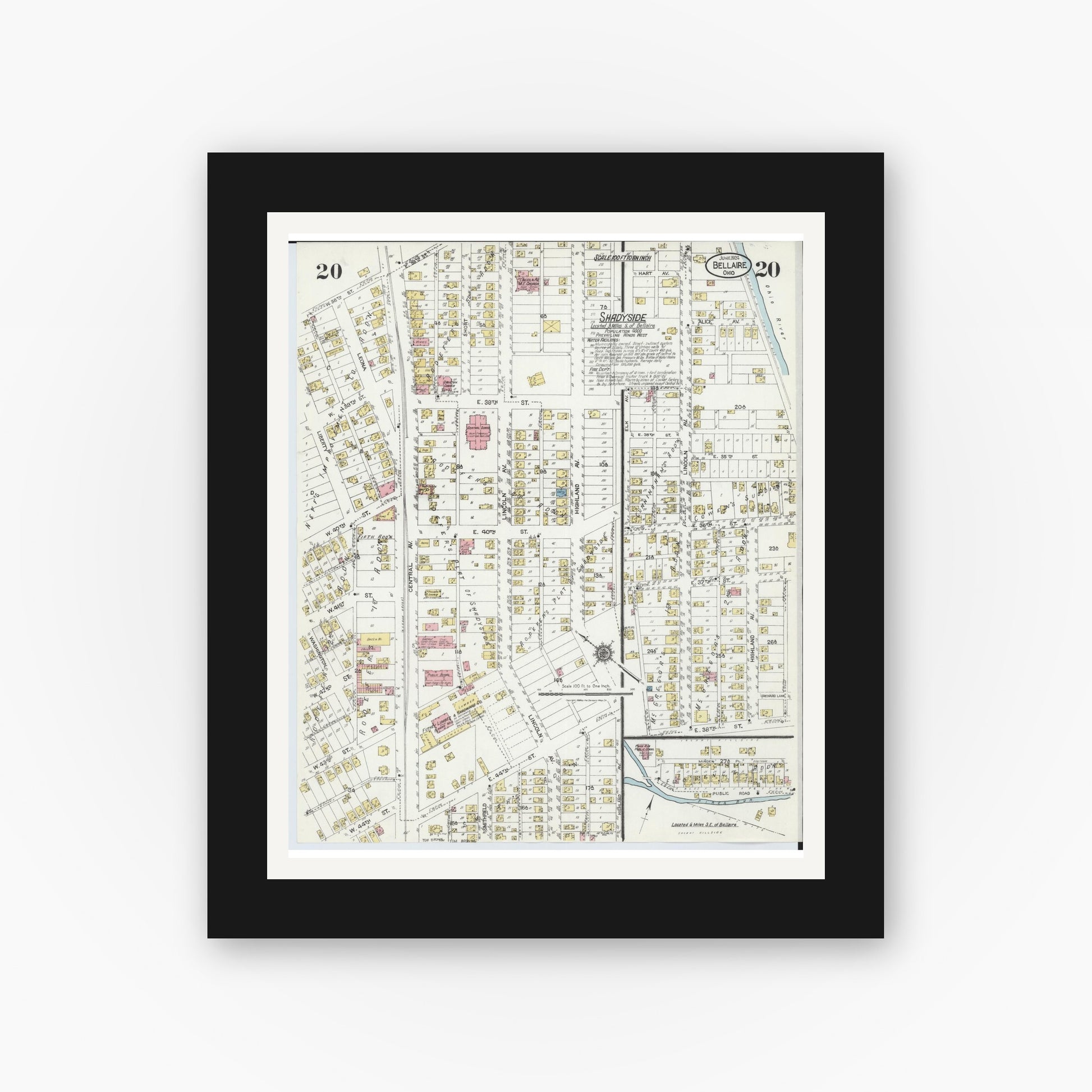 Old map wall art mockup — black gallery frame with white mat — Sanborn Fire Insurance Map from Bellaire, Belmont County, Ohio (1924), Sheet #0020
