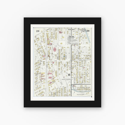 Old map wall art mockup — black gallery frame with white mat — Sanborn Fire Insurance Map from Bellaire, Belmont County, Ohio (1924), Sheet #0020