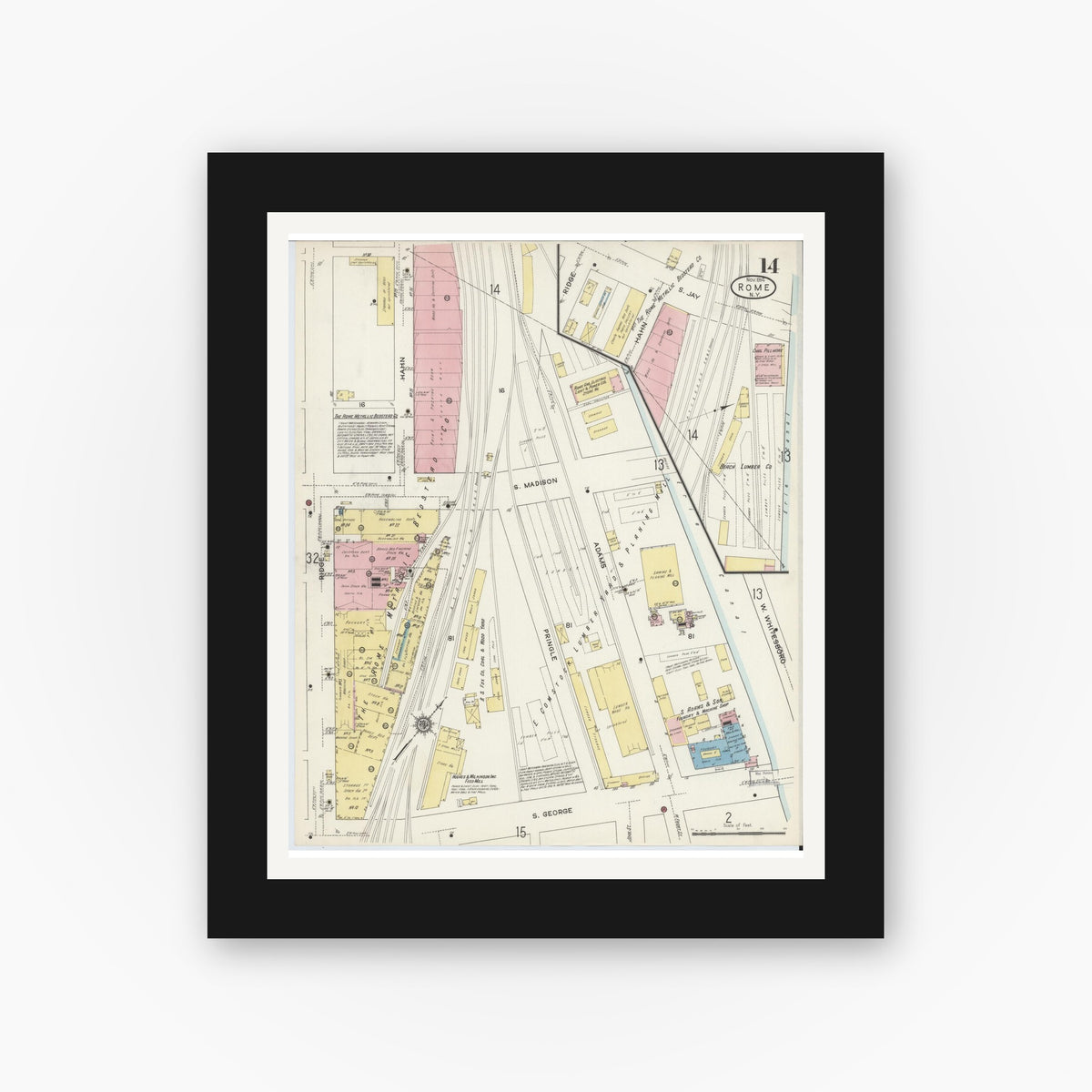 Old map wall art mockup — black gallery frame with white mat — Sanborn Fire Insurance Map from Rome, Oneida County, New York (1914), Sheet #0014