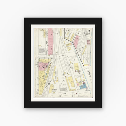 Old map wall art mockup — black gallery frame with white mat — Sanborn Fire Insurance Map from Rome, Oneida County, New York (1914), Sheet #0014