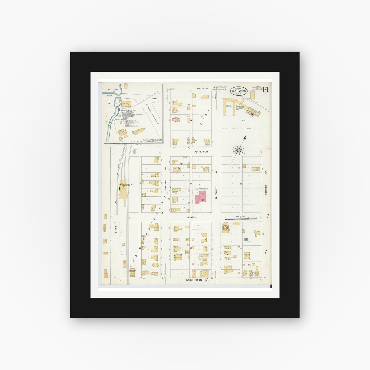 Old map wall art mockup — black gallery frame with white mat — Sanborn Fire Insurance Map from Big Rapids, Mecosta County, Michigan (1908), Sheet #0014