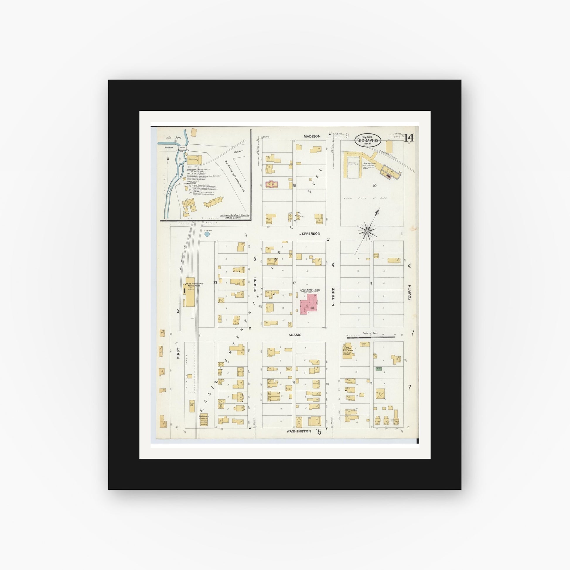 Old map wall art mockup — black gallery frame with white mat — Sanborn Fire Insurance Map from Big Rapids, Mecosta County, Michigan (1908), Sheet #0014