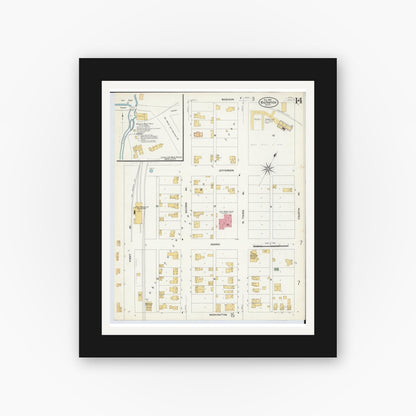 Old map wall art mockup — black gallery frame with white mat — Sanborn Fire Insurance Map from Big Rapids, Mecosta County, Michigan (1908), Sheet #0014