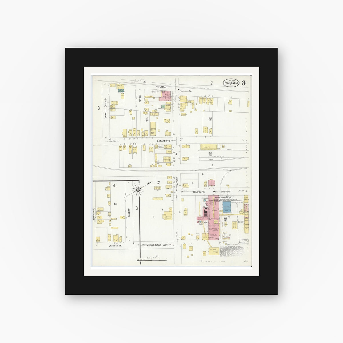 Old map wall art mockup — black gallery frame with white mat — Sanborn Fire Insurance Map from Roosevelt, Middlesex County, New Jersey (1908), Sheet #0003